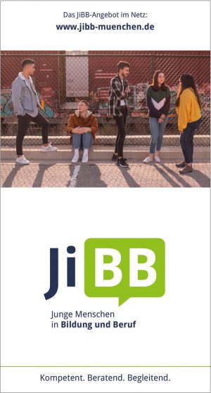 JiBB-Folder 2024 – Titelseite mit Jugendlichen vor einem Maschendrahtzaun